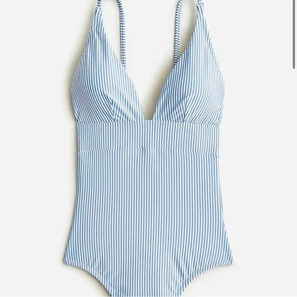 New J Crew Plunge One Piece Swimsuit Seersucker Blue White Stripe - Picture 1 of 5